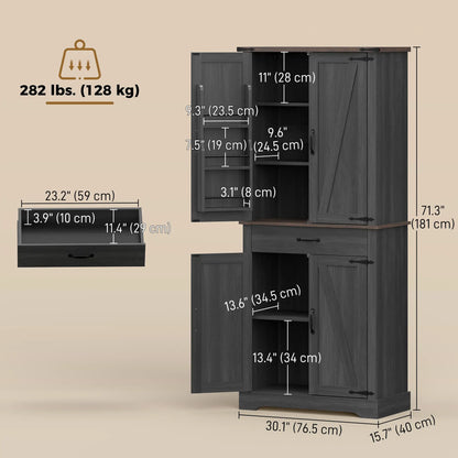 71" Tall Kitchen Cabinet, Farmhouse Pantry with Barn Doors, Drawer, Black