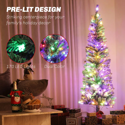6ft Prelit Pencil Christmas Tree, Flocked, Dual Color LEDs, 429 Tips, Color Pre Lit Christmas Trees at Gallery Canada