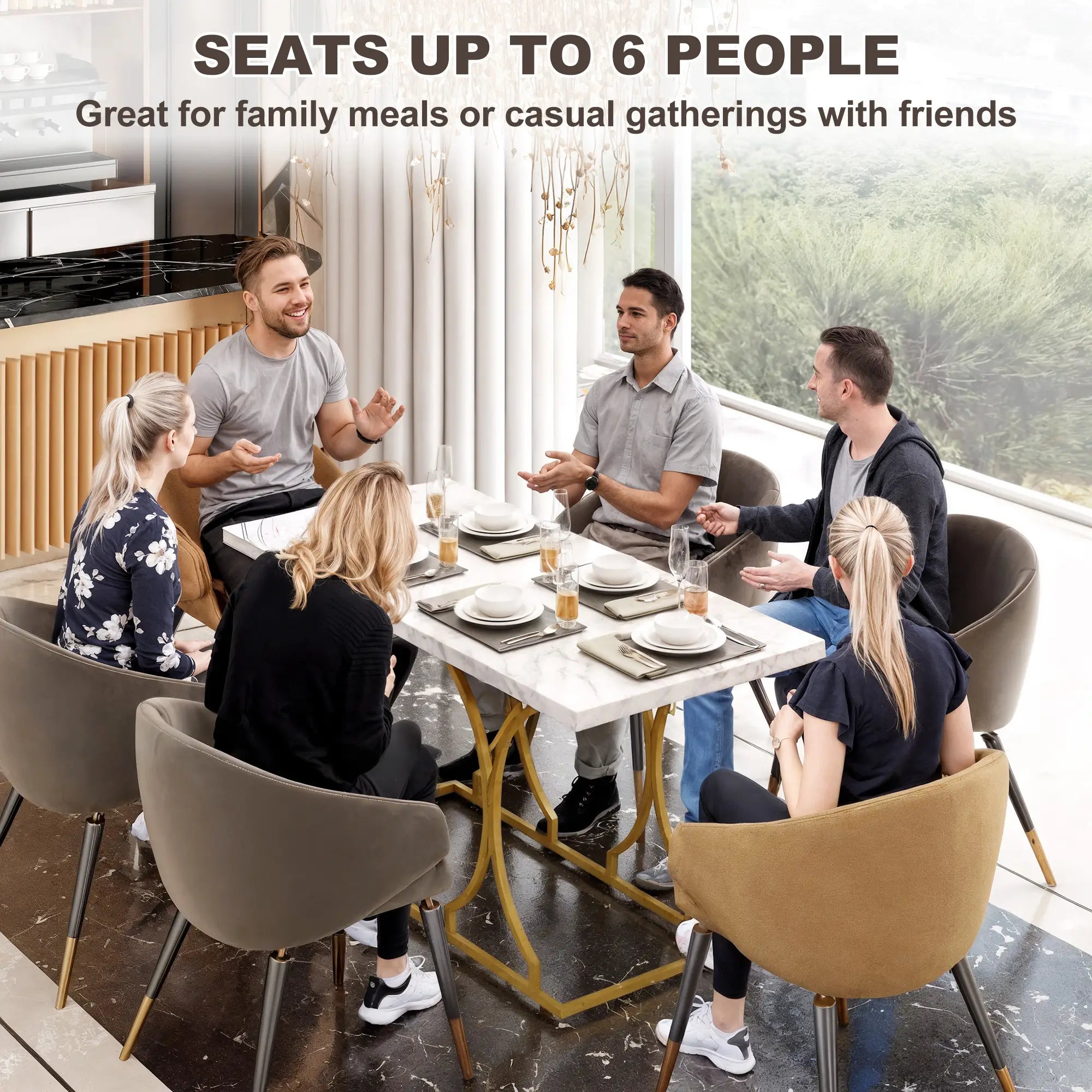 59-Inch Dining Table for 6, Modern Marble-Pattern, White Dining Tables at Gallery Canada