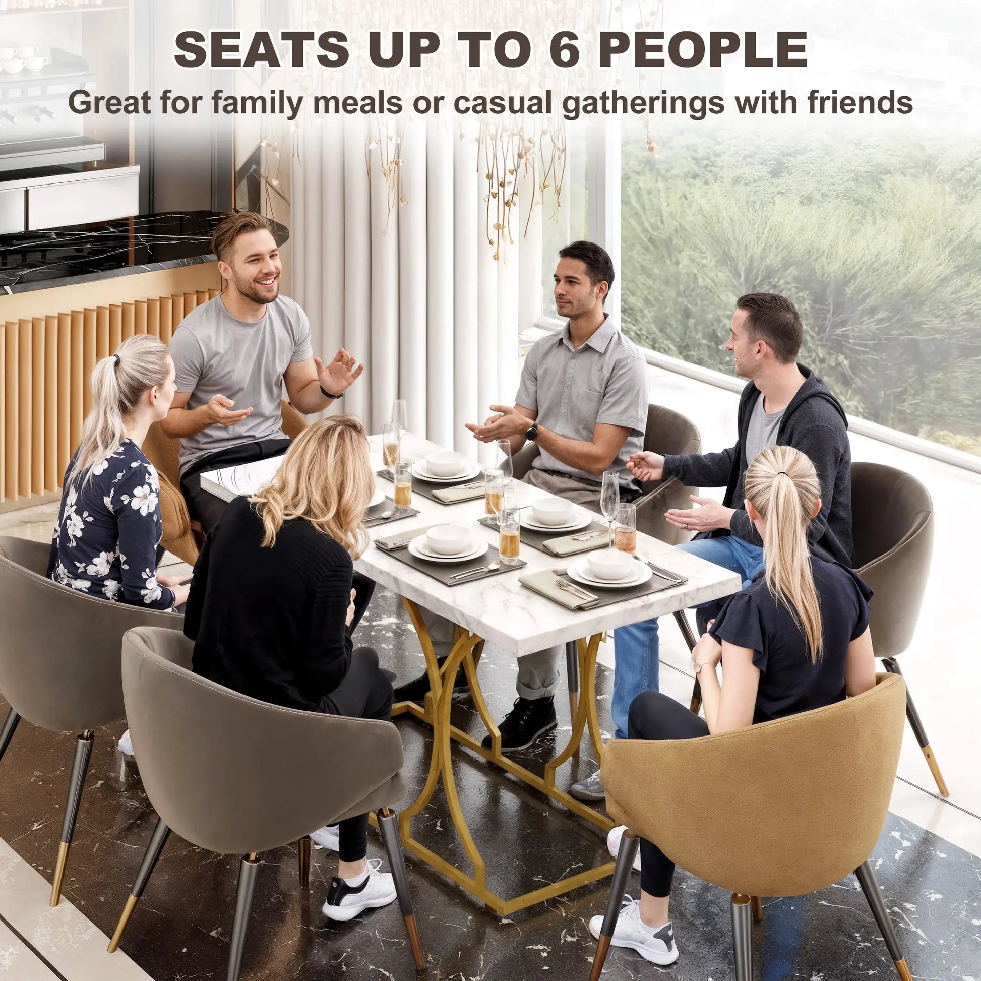 59-Inch Dining Table for 6, Modern Marble-Pattern, White Dining Tables at Gallery Canada