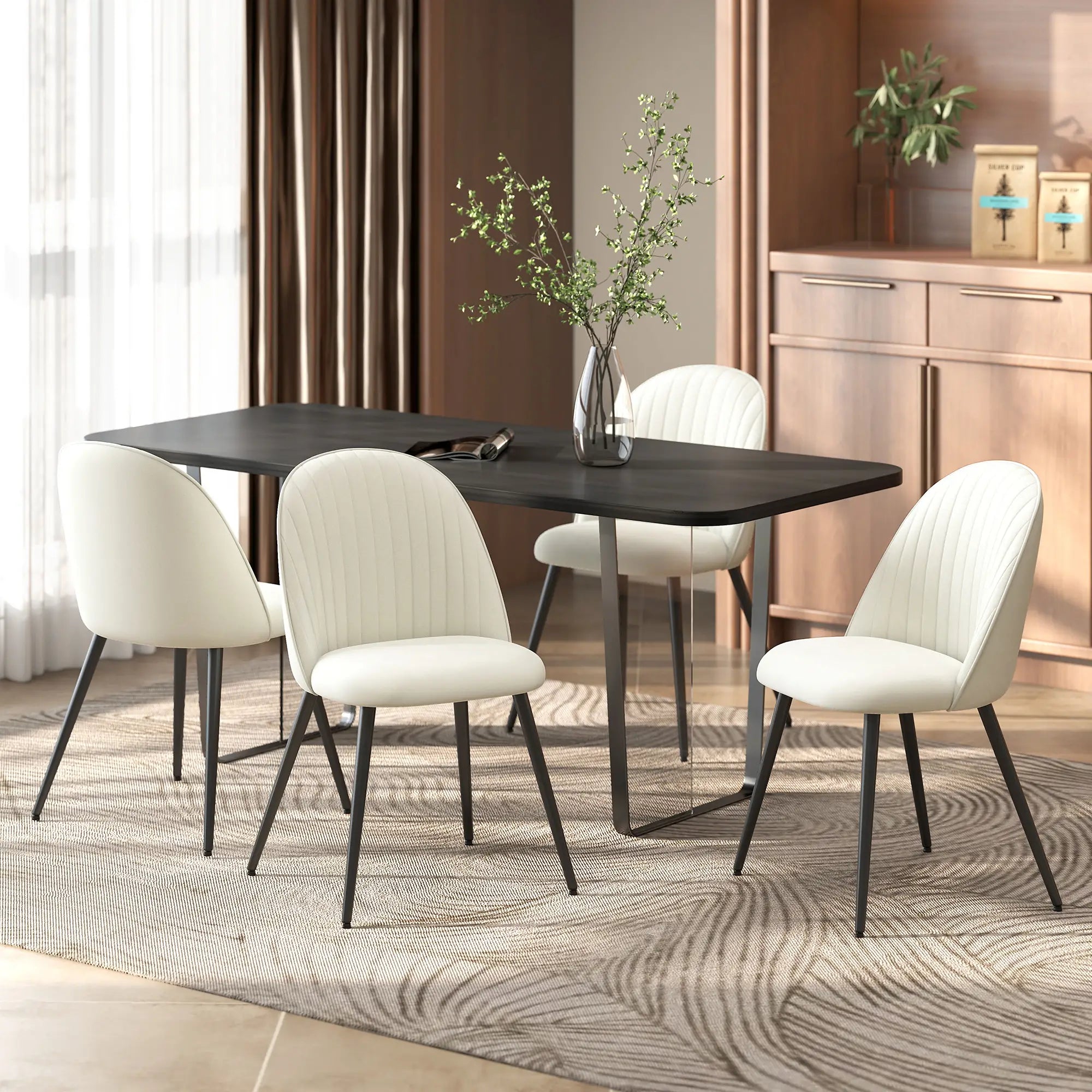 Set of 4 Modern Dining Chairs, Velvet Upholstered, Cream White, Cream White Bar Stools at Gallery Canada
