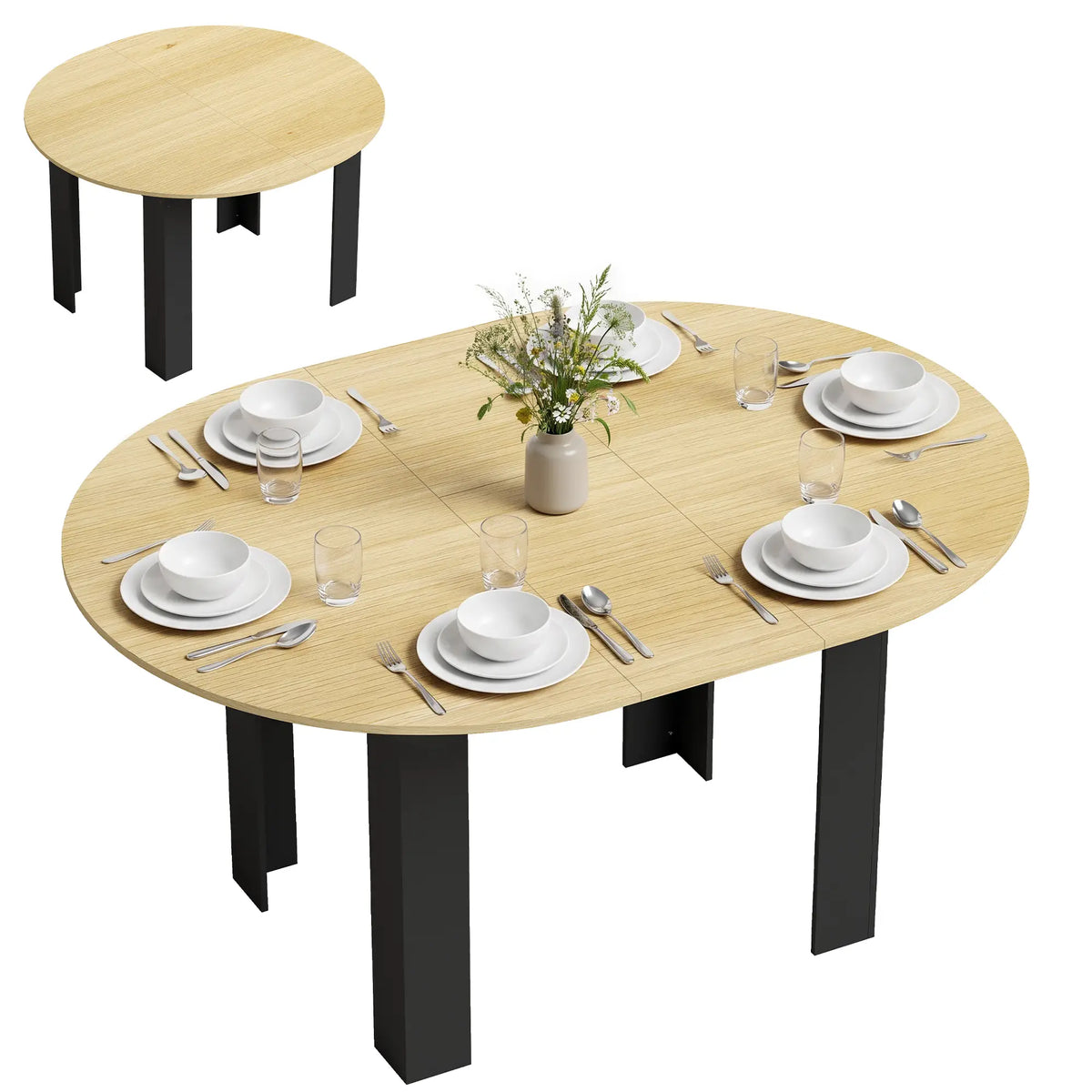Extendable Round to Oval Dining Table, Oak Black, Black Dining Tables at Gallery Canada