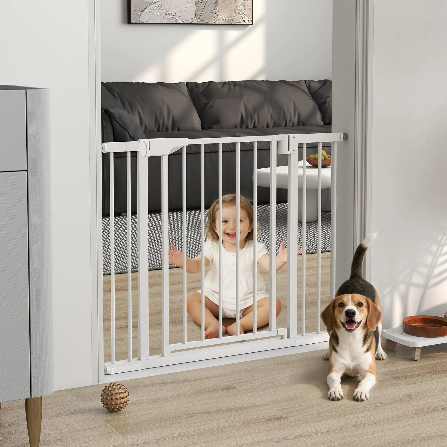 Baby Pet Safety Gate, Pressure Fit, Two-Way Open, Auto-Close, 30"H, White