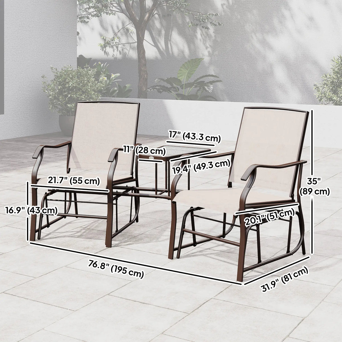 Double Patio Glider Chair With Glass Top Table, Beige