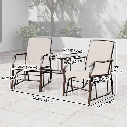 Double Patio Glider Chair With Glass Top Table, Beige