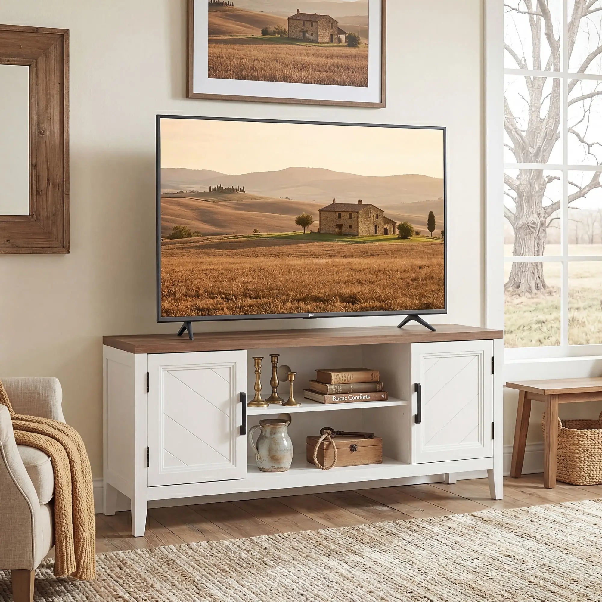 TV Stand for 55 Inch TV, Entertainment Center with Shelves, White and Brown TV Stands at Gallery Canada
