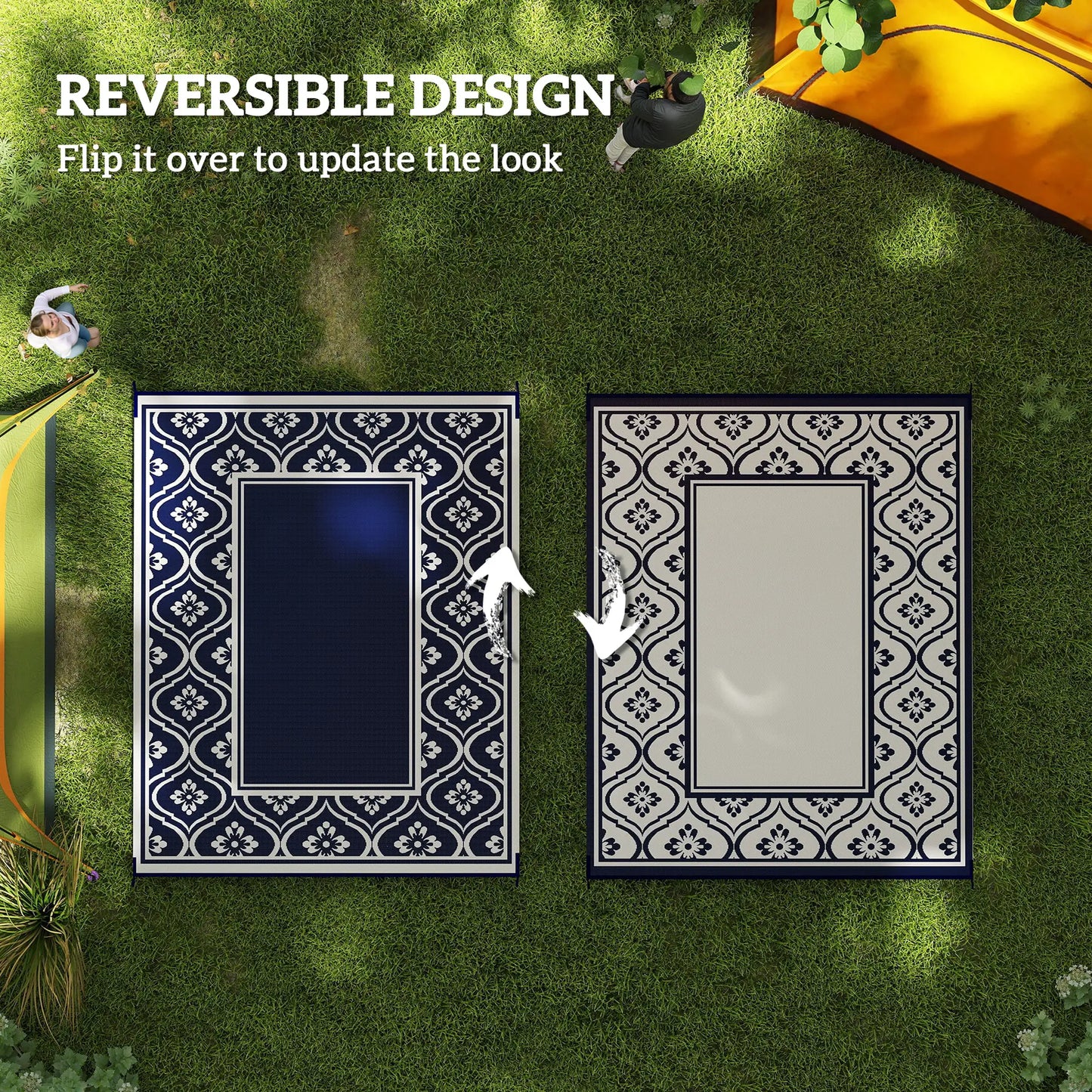 8' x 10' Outdoor RV Rug, Reversible, Gourd Border, White, Blue Garden Decor at Gallery Canada