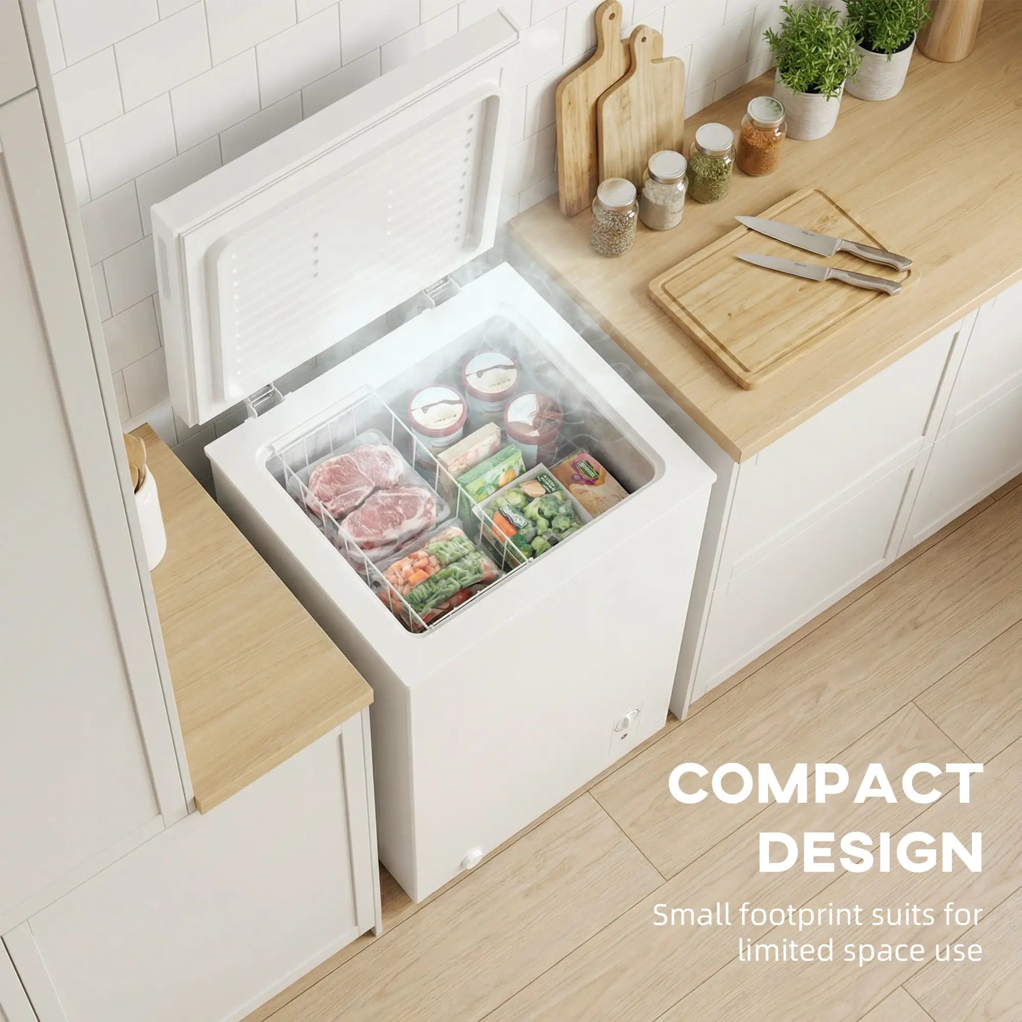 3.5 Cu.Ft Chest Freezer, Adjustable Thermostat, Wire Basket, White Small Kitchen Appliances at Gallery Canada