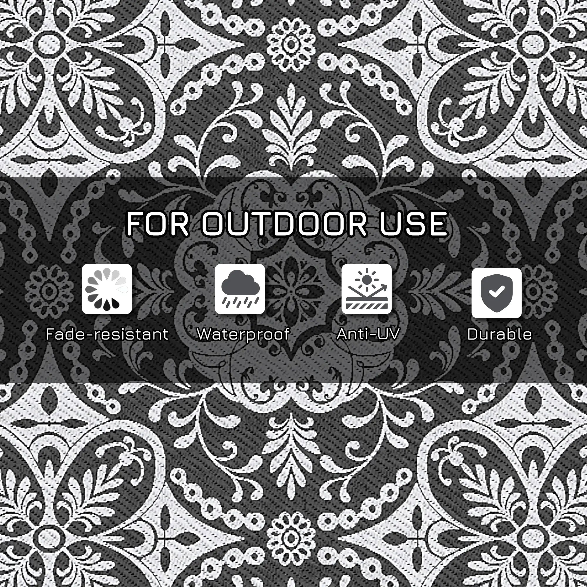 Portable Outdoor Rug with Carry Bag, 9' x 18', Waterproof, White Flower, Gray Outdoor Reversible Rugs at Gallery Canada