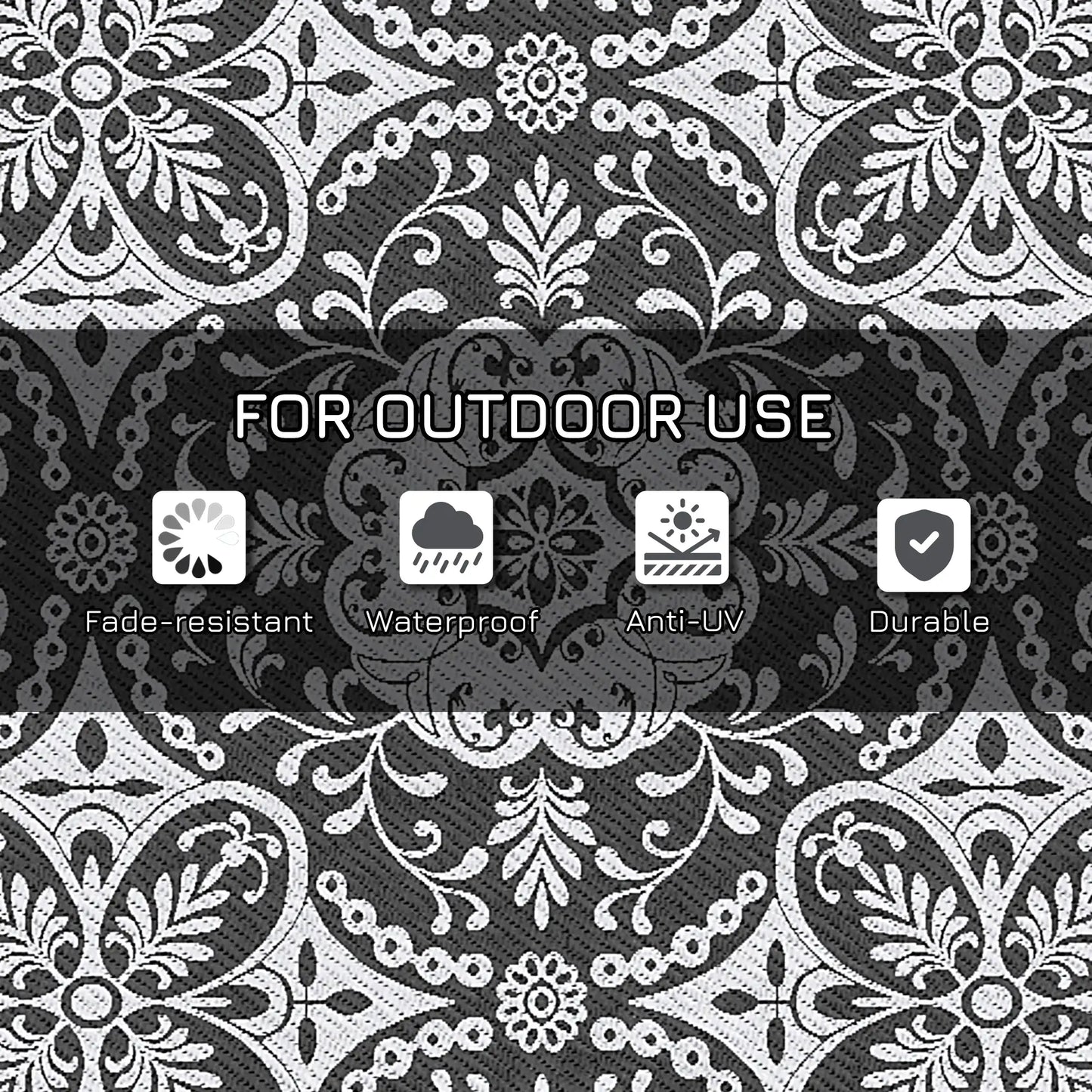 Portable Outdoor Rug with Carry Bag, 9' x 18', Waterproof, White Flower, Gray Outdoor Reversible Rugs at Gallery Canada