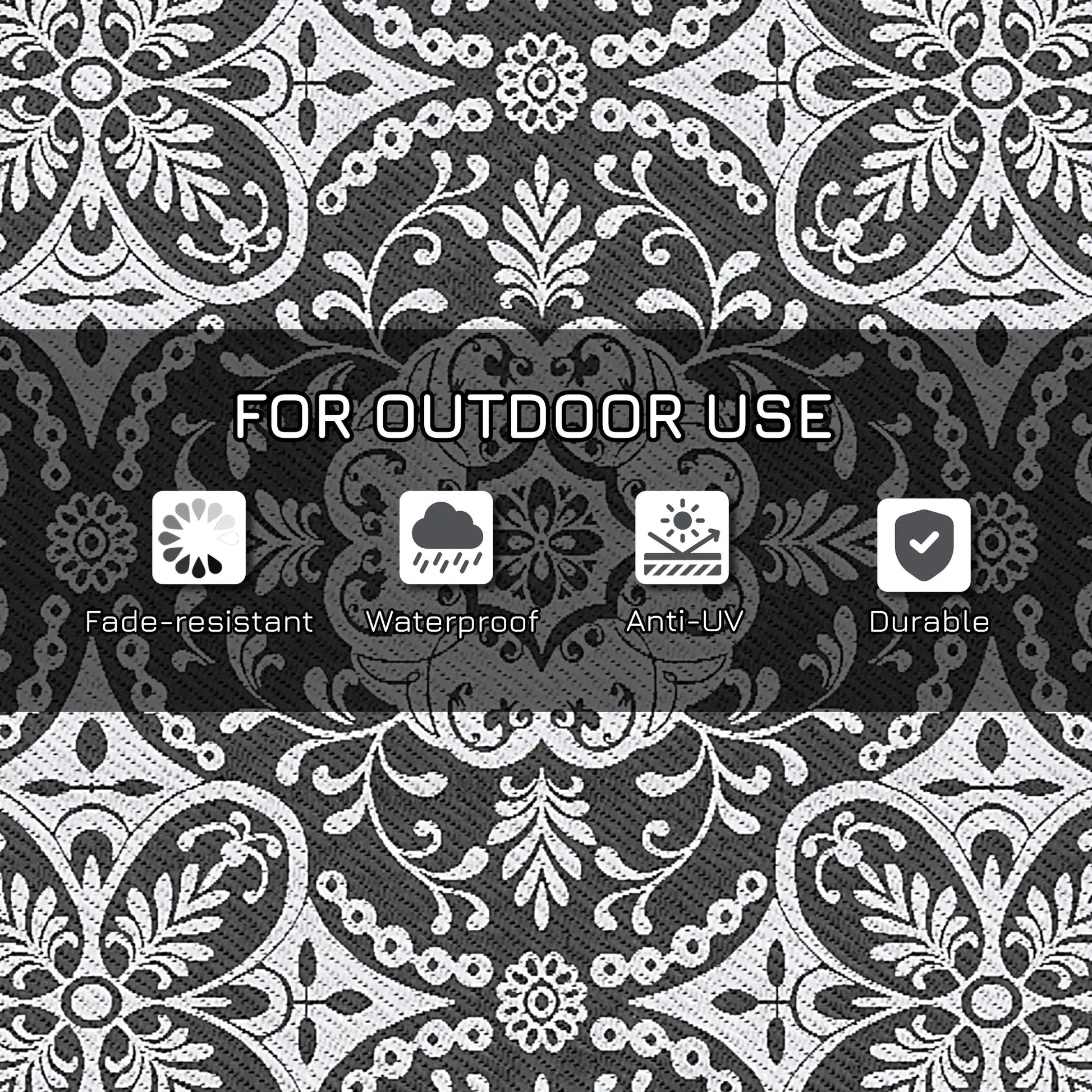 Portable Outdoor Rug with Carry Bag, 9' x 18', Waterproof, White Flower, Gray Outdoor Reversible Rugs at Gallery Canada