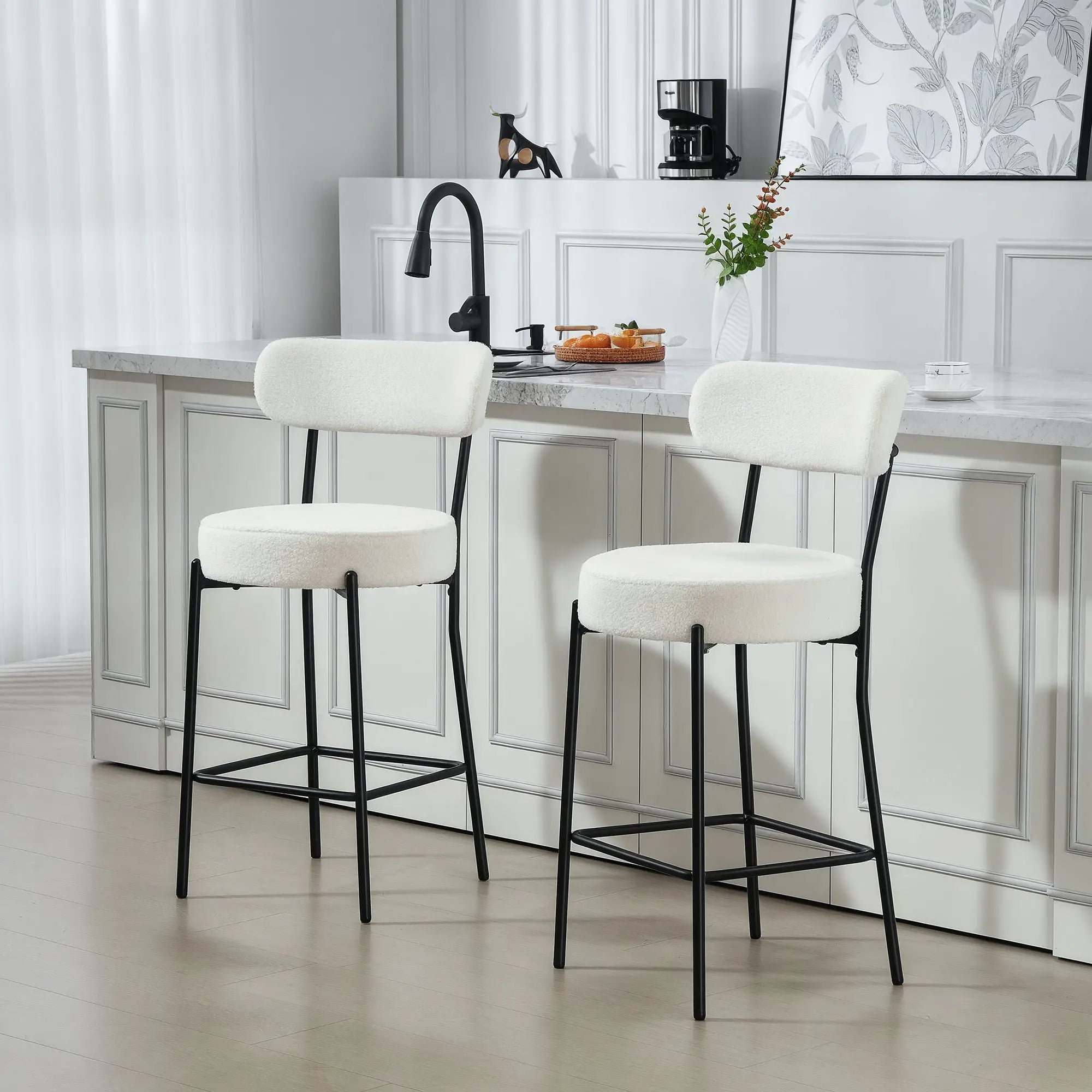 Set of 2 Barstools, Upholstered with Backrest, Footrest, Cream White Bar Stools at Gallery Canada