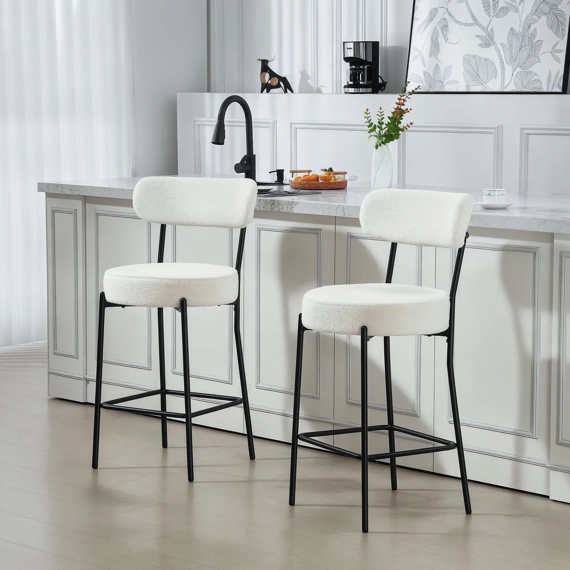 Set of 2 Barstools, Upholstered with Backrest, Footrest, Cream White Bar Stools at Gallery Canada