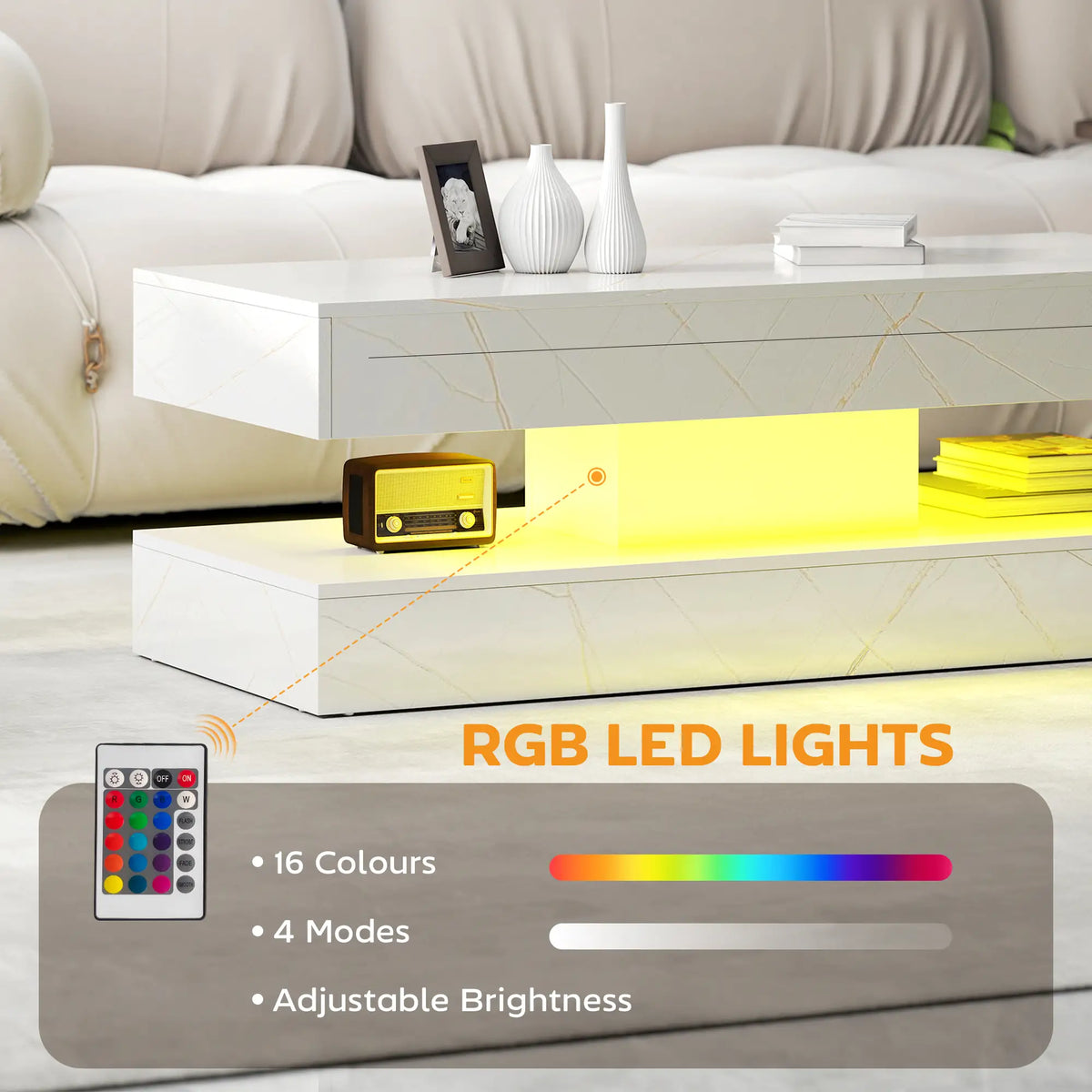 Adjustable LED Coffee Table, 2 Drawers, Open Shelf, Remote, White Coffee Tables at Gallery Canada