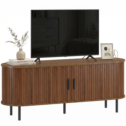 TV Stand for TVs up to 60", Modern Entertainment Center with Curved Sliding Doors, Walnut Brown