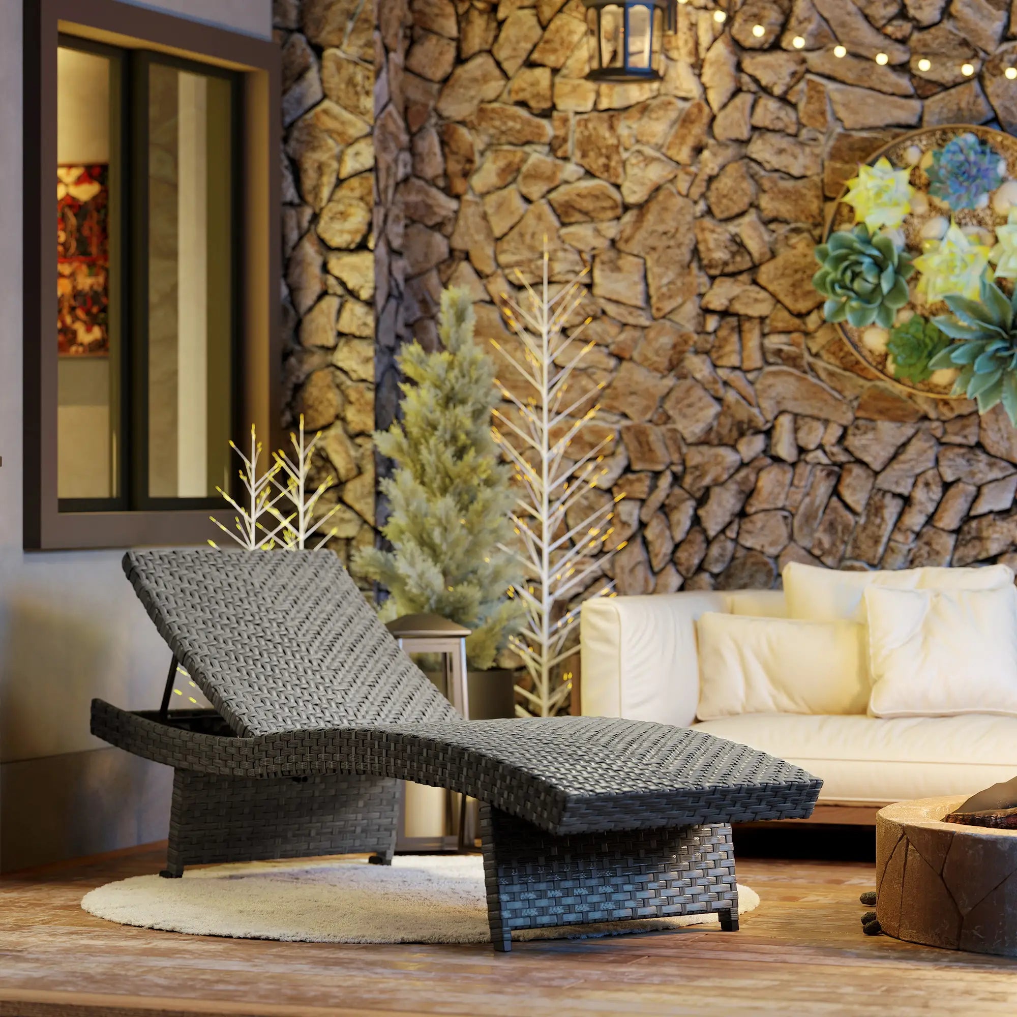 Folding Wicker Outdoor Chaise Lounge, 4-Level Adjustable Backrest, Grey Wicker Chaise Loungers at Gallery Canada