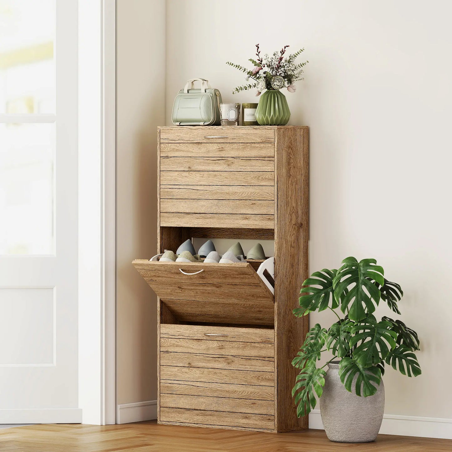 Shoe Storage Cabinet, 3 Flip Drawers, 12 Pair Organizer, Oak Shoe Storage Cabinets & Racks at Gallery Canada