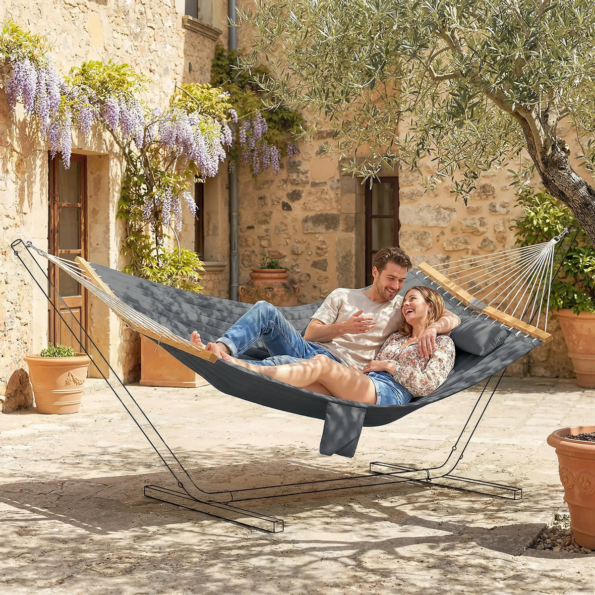 Padded Camping Hammock With Pillow, Spreader Bars, 200 x 140 cm, Grey Camping Hammocks at Gallery Canada