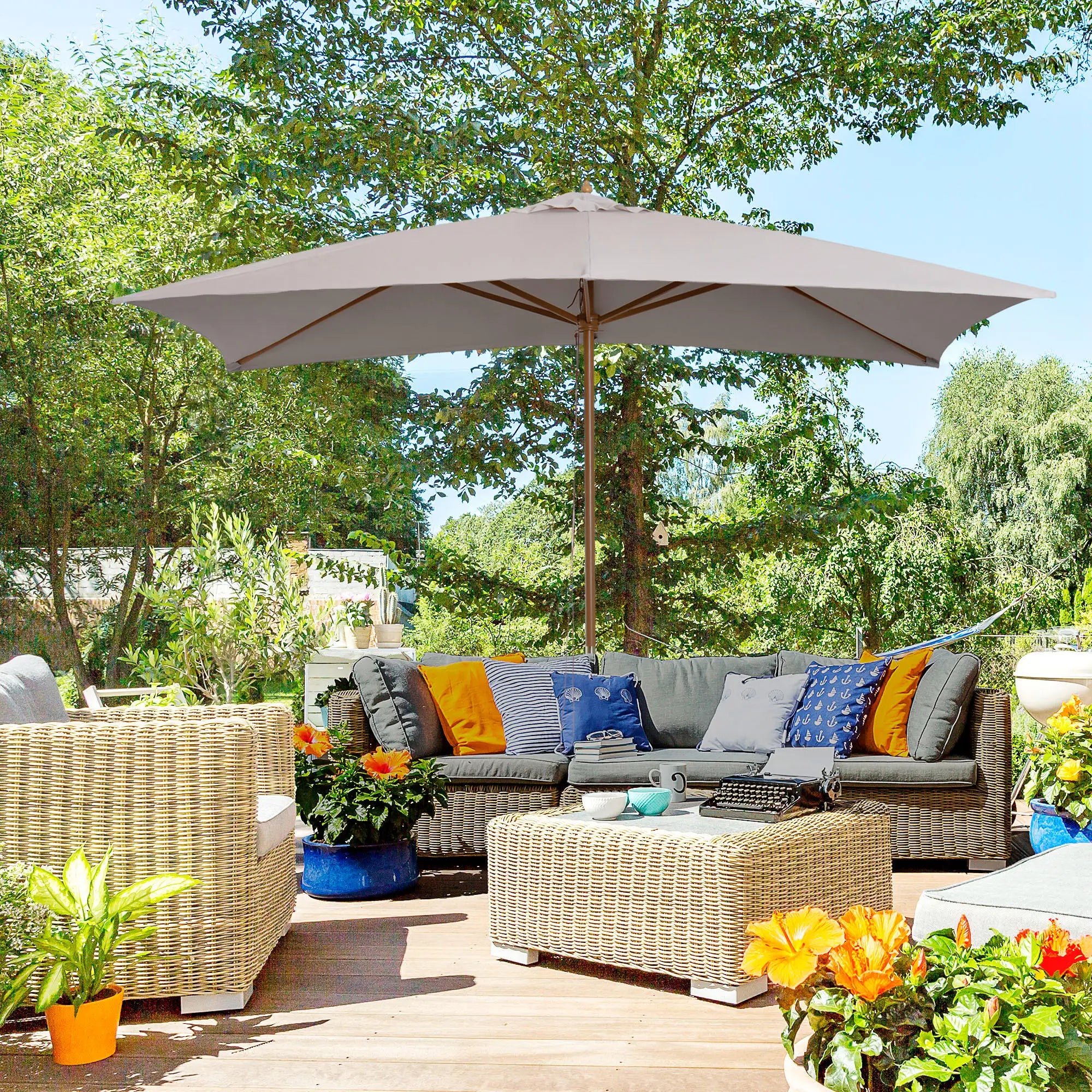 7' x 10' Grey Wooden Patio Umbrella, Rectangle Garden Parasol with Bamboo Ribs, Grey Sun Umbrellas at Gallery Canada