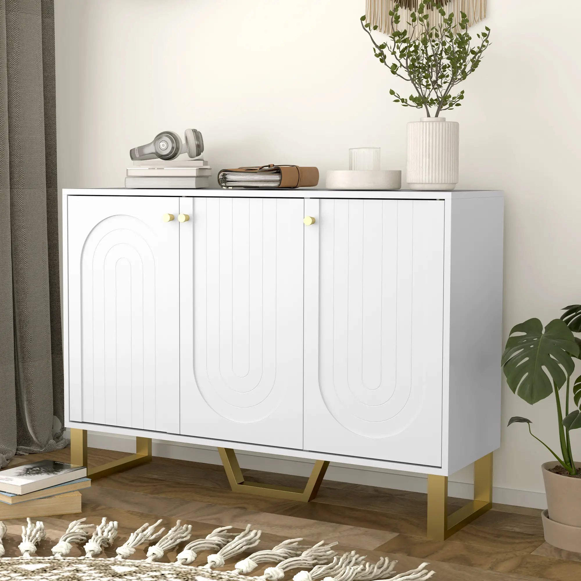 Modern Sideboard Buffet, 3 Doors, Adjustable Shelves, White Storage Cabinets at Gallery Canada