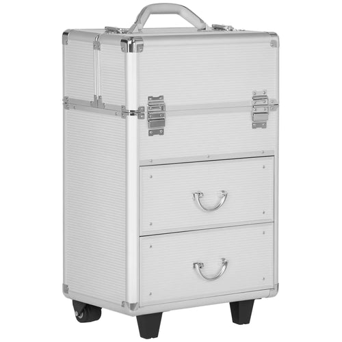 Aluminum Rolling Makeup Train Case, Portable Cosmetic Case, Lockable with Wheels, Silver