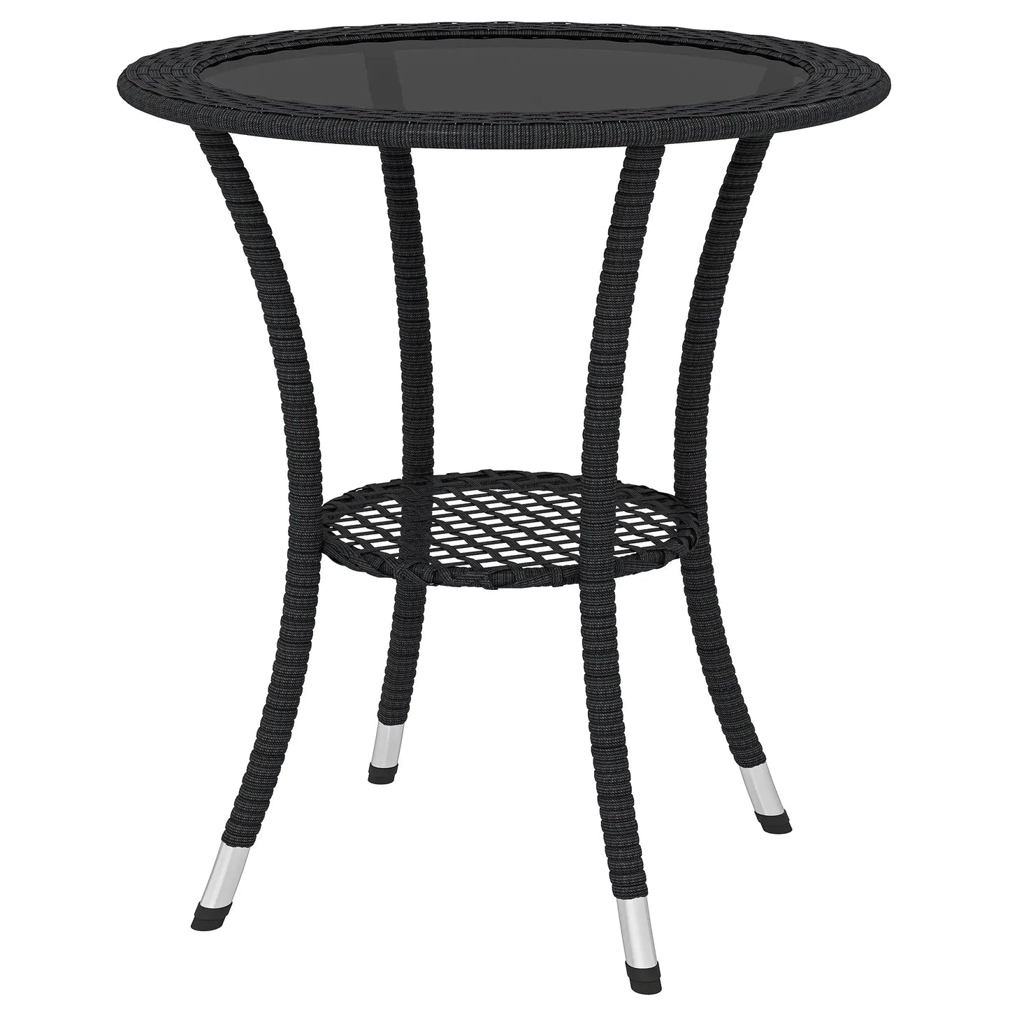 Outdoor Rattan Dining Table, Round Coffee Table with 2-Tier Shelf, Black Patio Dinning Tables Black at Gallery Canada