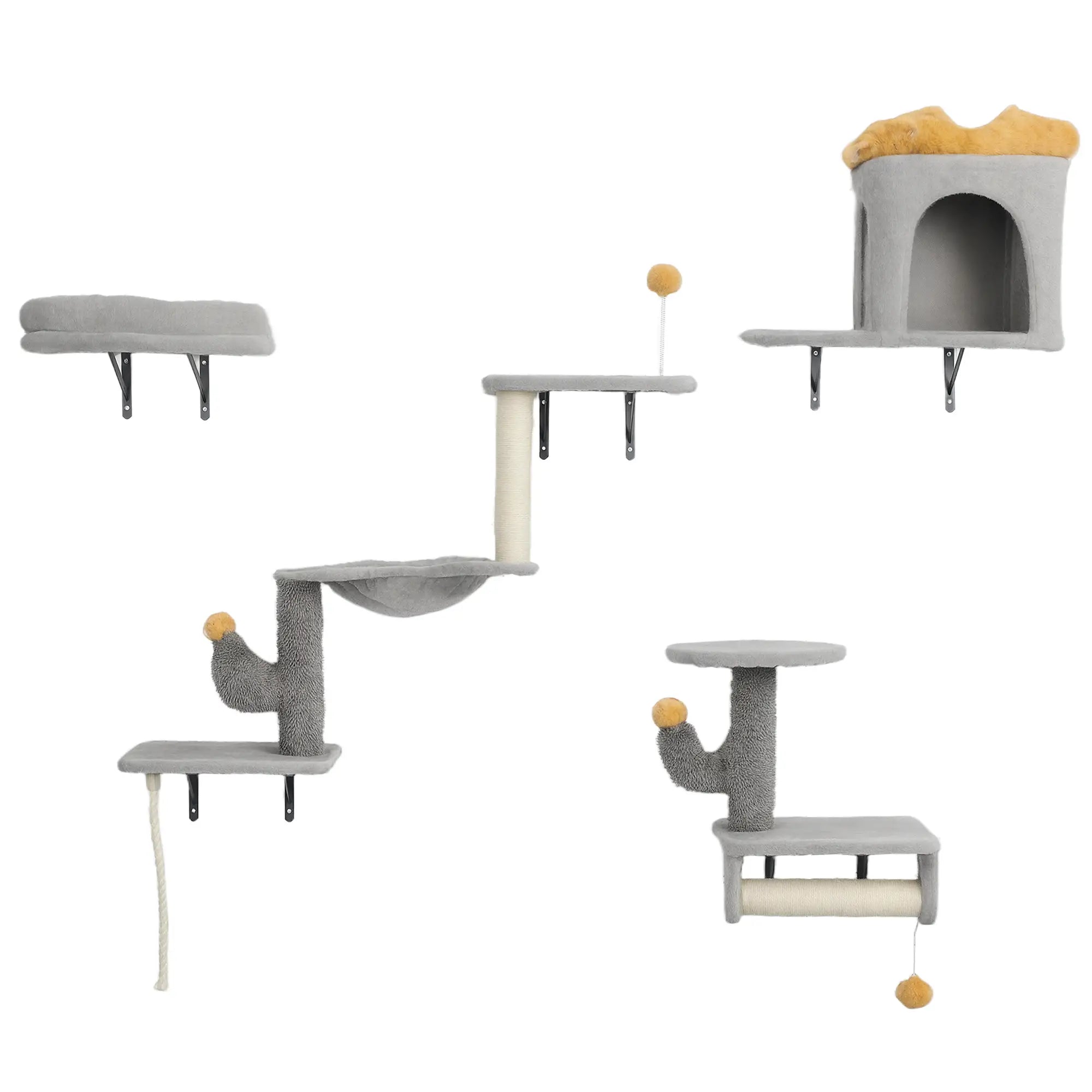 Cat Wall Shelves, 4 Pcs Set with Scratching Posts, Condo, Hammock, Perchs, Light Grey Cat Climbing Wall Light Grey, Yellow at Gallery Canada