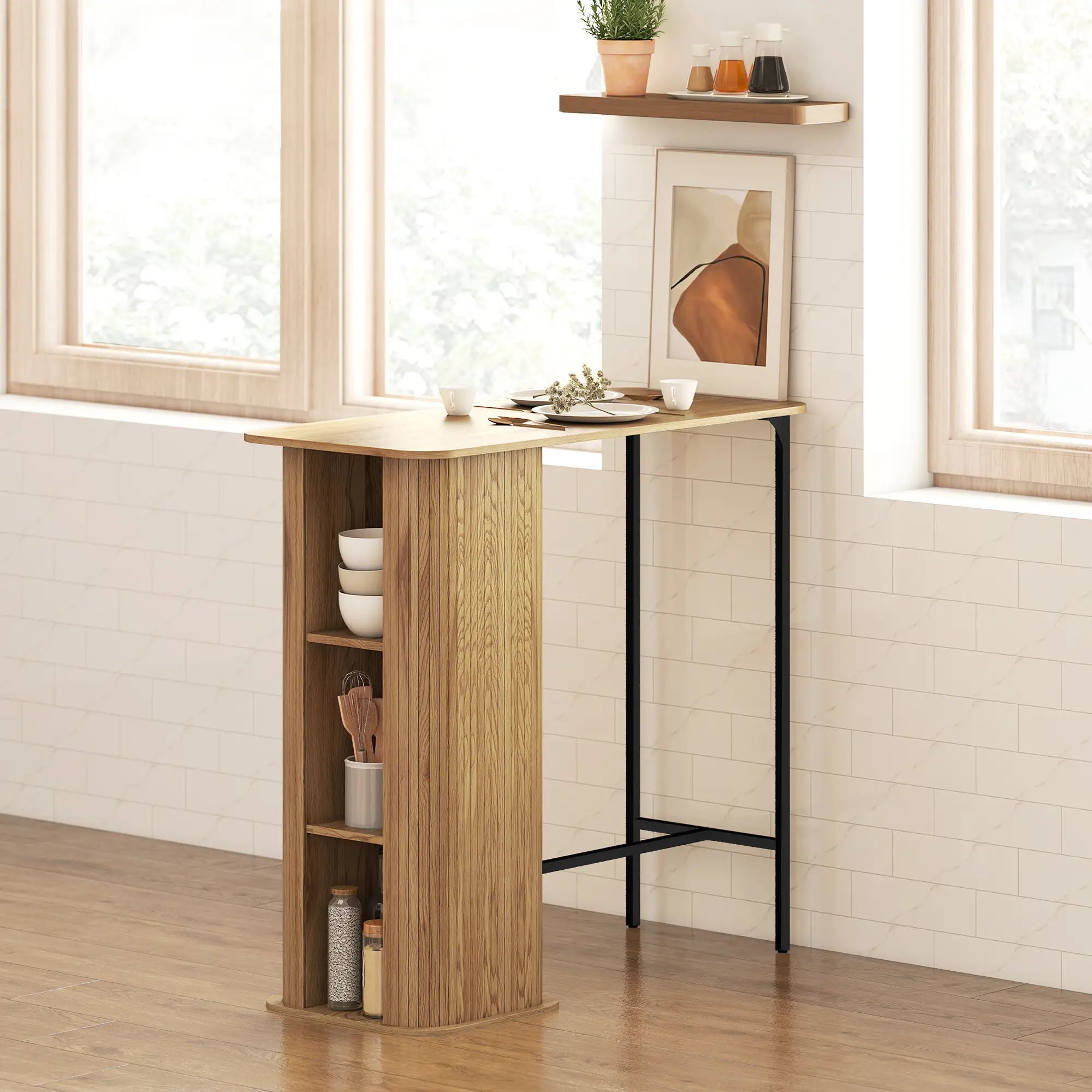 Tambour Bar Height Table, 3 Storage Shelves, Metal Frame, Natural Bar Tables at Gallery Canada