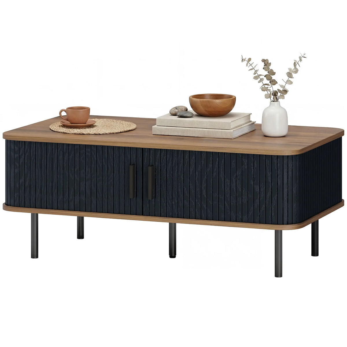 Nordic Side Table with Fluted Tambour Sliding Doors and Steel Legs, Coffee Table with Storage for Living Room, Black Coffee Tables Black, Walnut at Gallery Canada