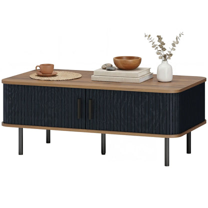 Nordic Side Table with Fluted Tambour Sliding Doors and Steel Legs, Coffee Table with Storage for Living Room, Black Coffee Tables Black, Walnut at Gallery Canada