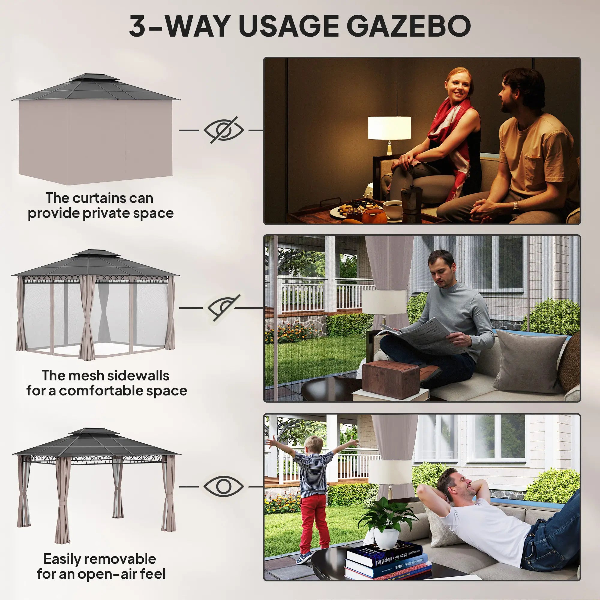 10' x 12' Hardtop Gazebo, Polycarbonate Roof with Netting & Curtains, Khaki Gazebos at Gallery Canada