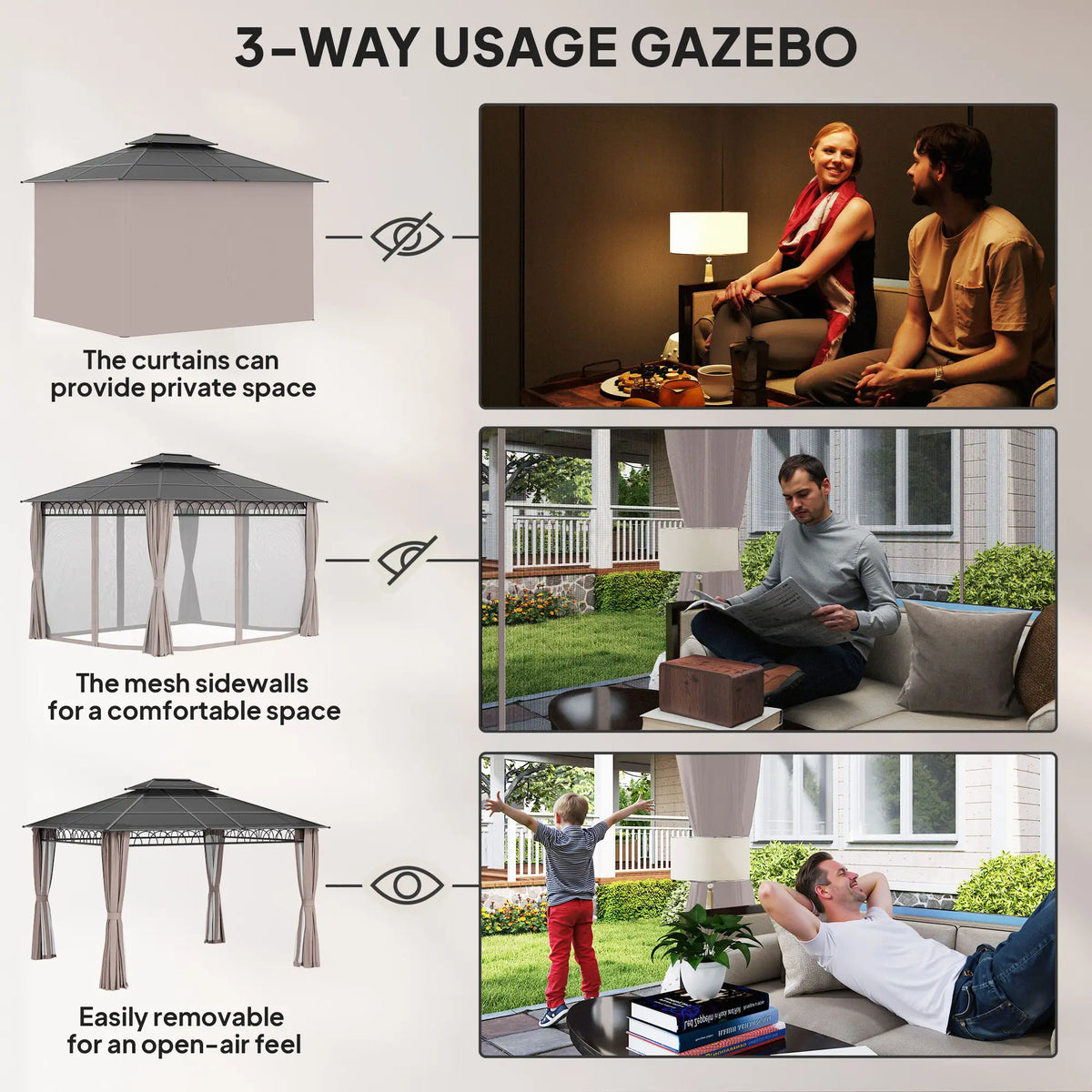 10' x 12' Hardtop Gazebo, Polycarbonate Roof with Netting & Curtains, Khaki Gazebos at Gallery Canada