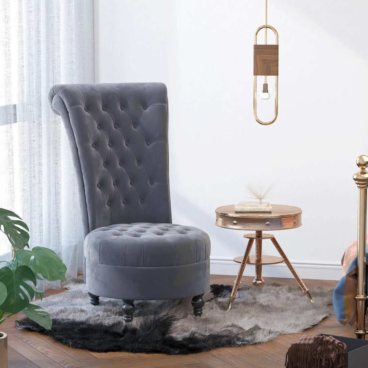 45" Tufted High Back Velvet Accent Chair, Soft Padded Lounge, Ash Grey Single Sofas at Gallery Canada