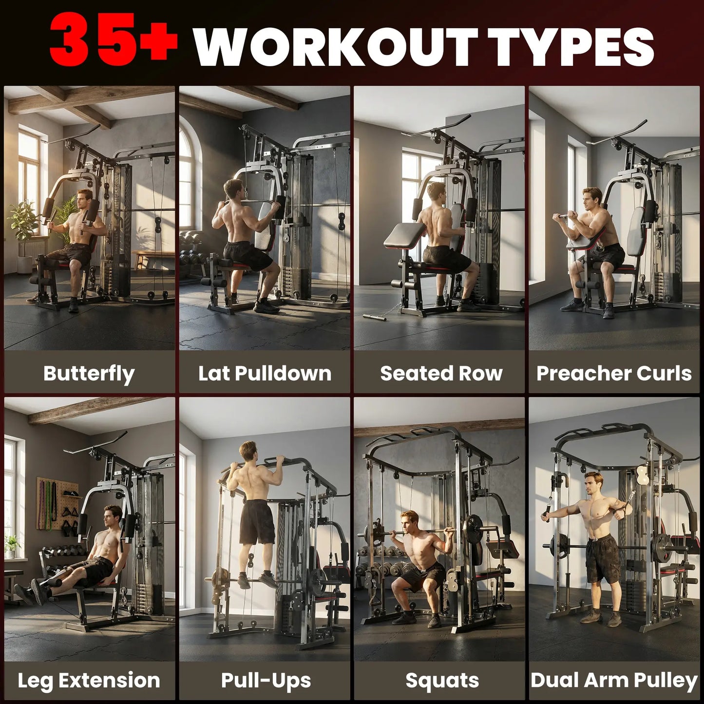 Multi Gym Smith Machine, 143LBS Weight Stack, Cable Pulley System Strength Training Equipment at Gallery Canada