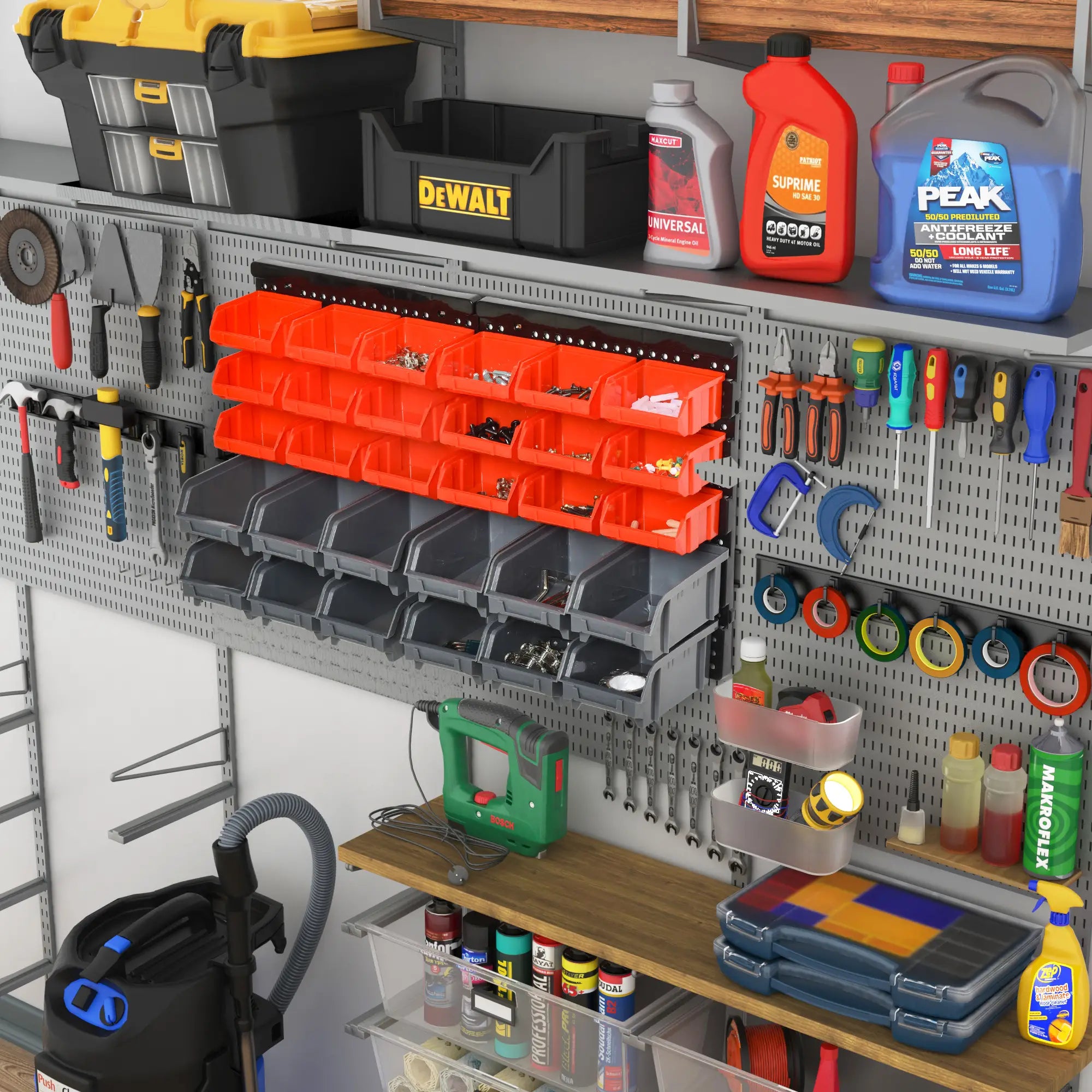 Wall Mounted Storage Bin Rack, 30 Bins, Pegboard, Garage Workshop, Red Tool Organizers at Gallery Canada