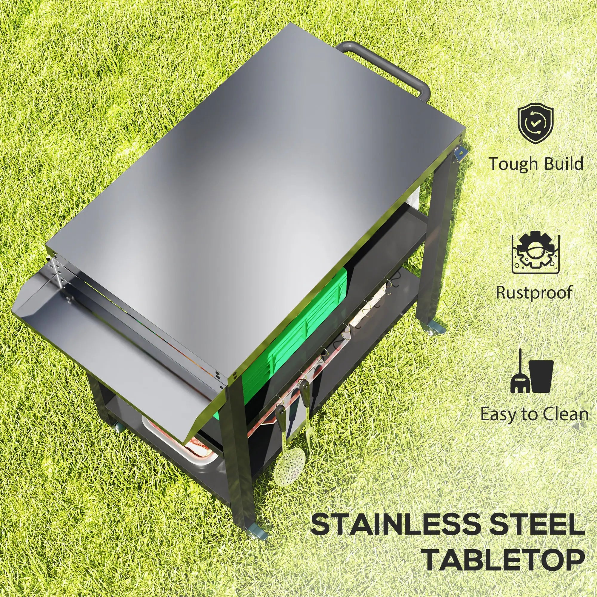 Outdoor Kitchen Bar Cart With Wheels, Stainless Steel Pizza Oven Stand, Movable Prep Table With Hooks Outdoor Grill Carts at Gallery Canada