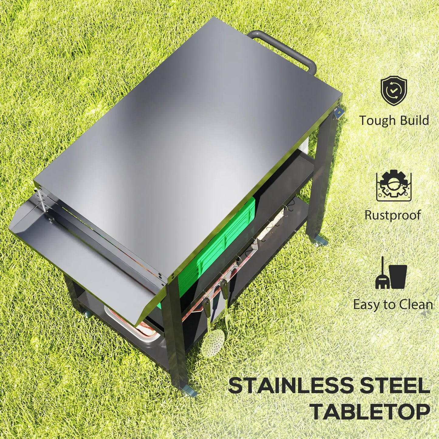 Outdoor Kitchen Bar Cart With Wheels, Stainless Steel Pizza Oven Stand, Movable Prep Table With Hooks Outdoor Grill Carts at Gallery Canada
