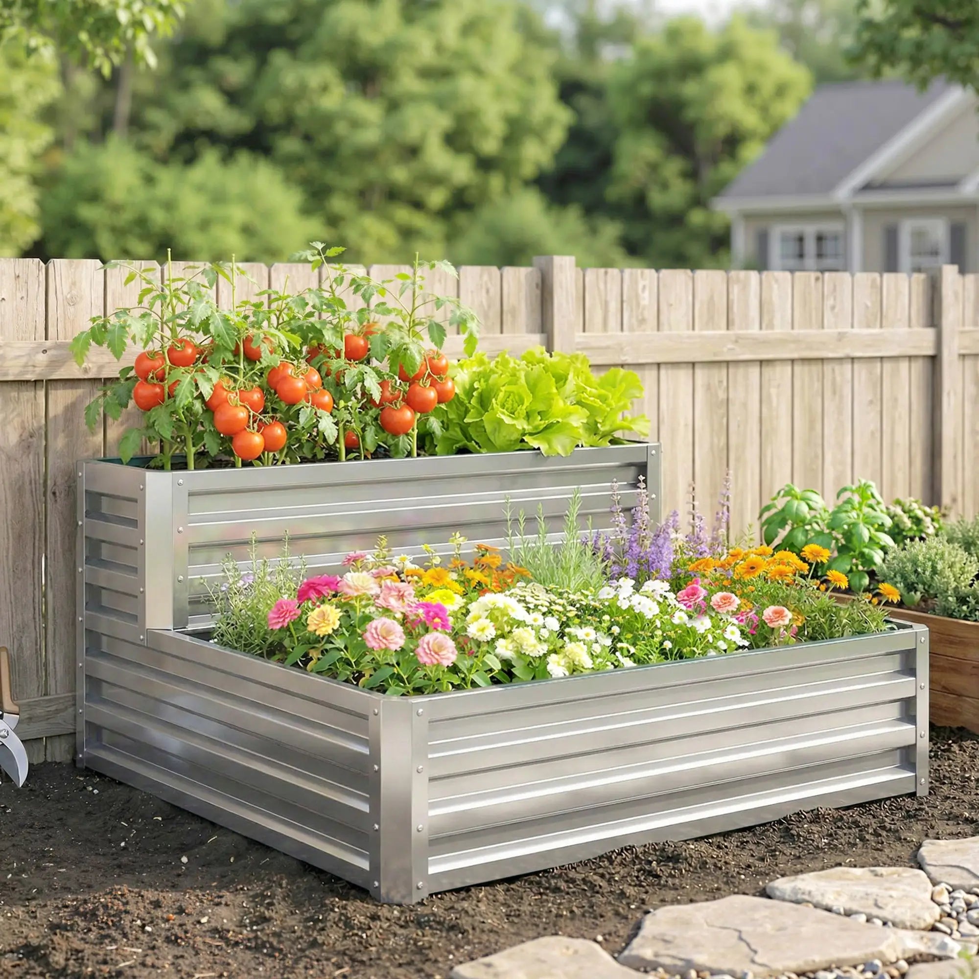 2 Tier Galvanized Raised Garden Bed, Steel Planter Box, 47