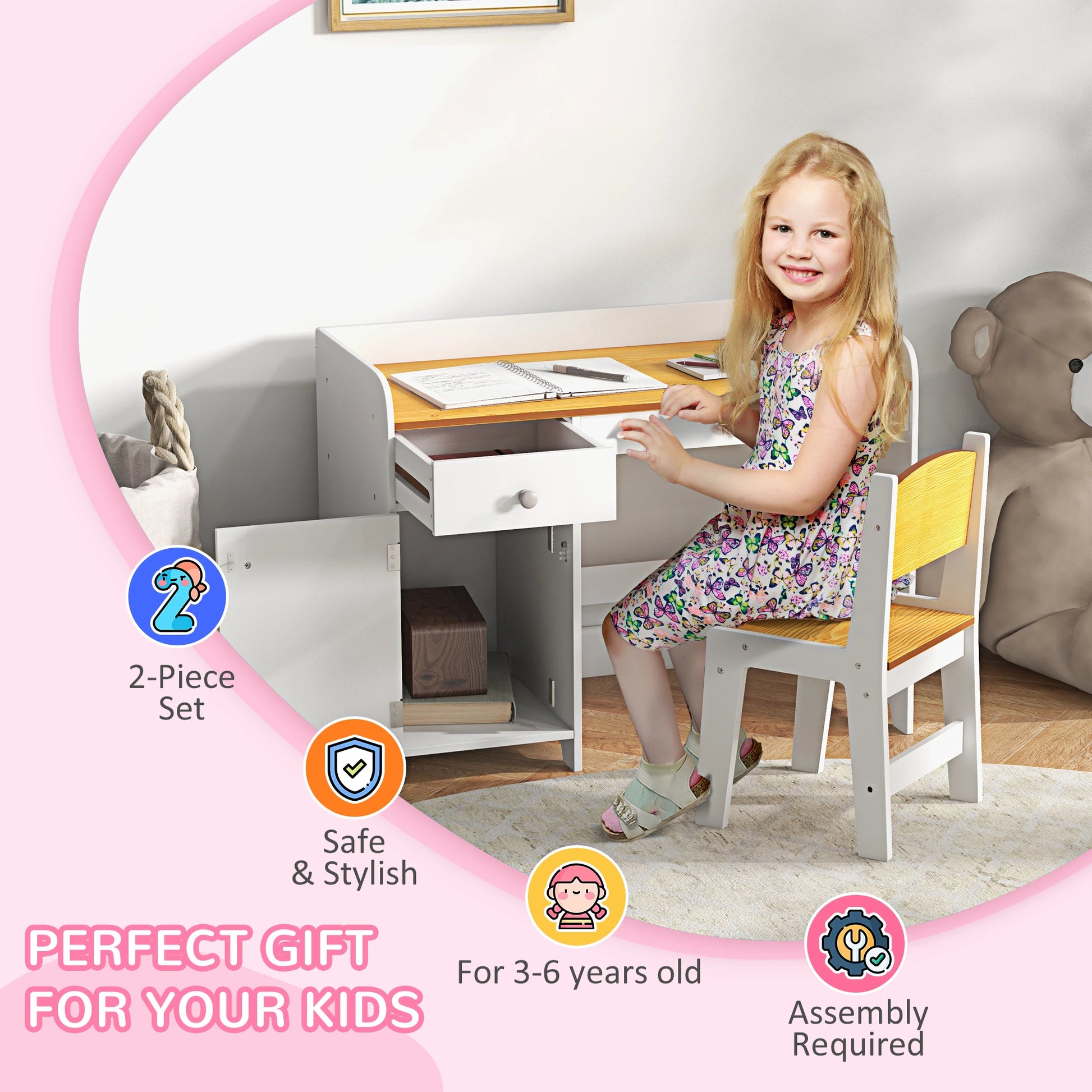 Kids Desk and Chair Set, Study Table with Storage Drawer, White Kids Desk Sets at Gallery Canada