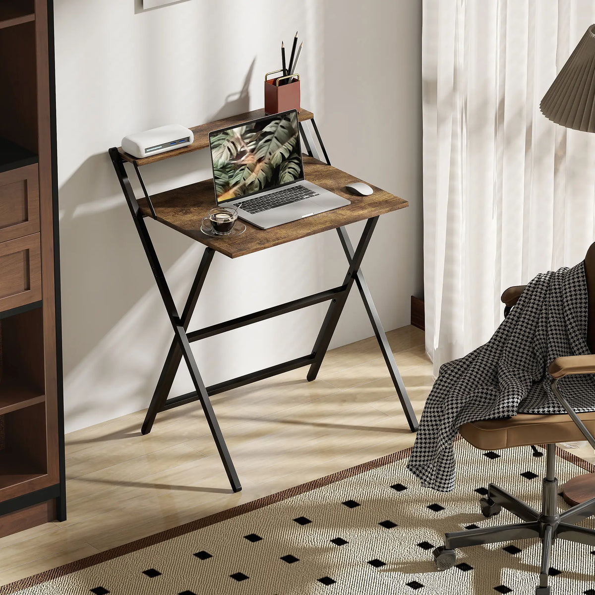 27.6" Folding Computer Desk, Rustic Brown, Monitor Shelf Writing Desks at Gallery Canada