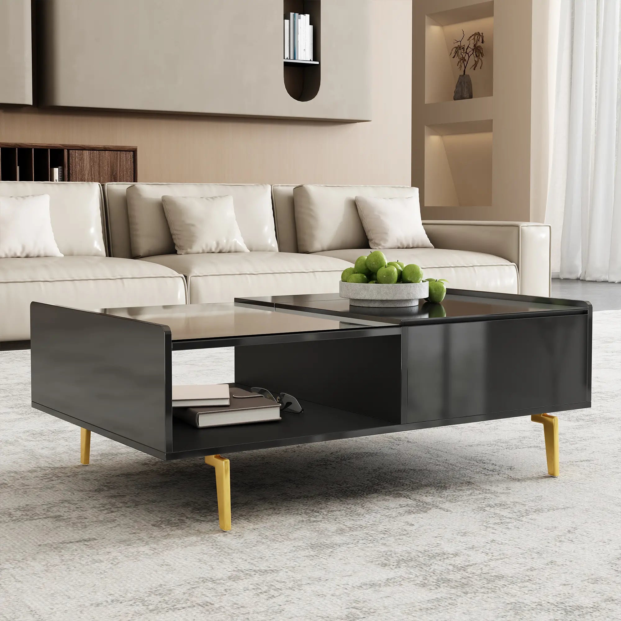 LED Coffee Table, Glass Top, Adjustable Height, Storage, 43.5