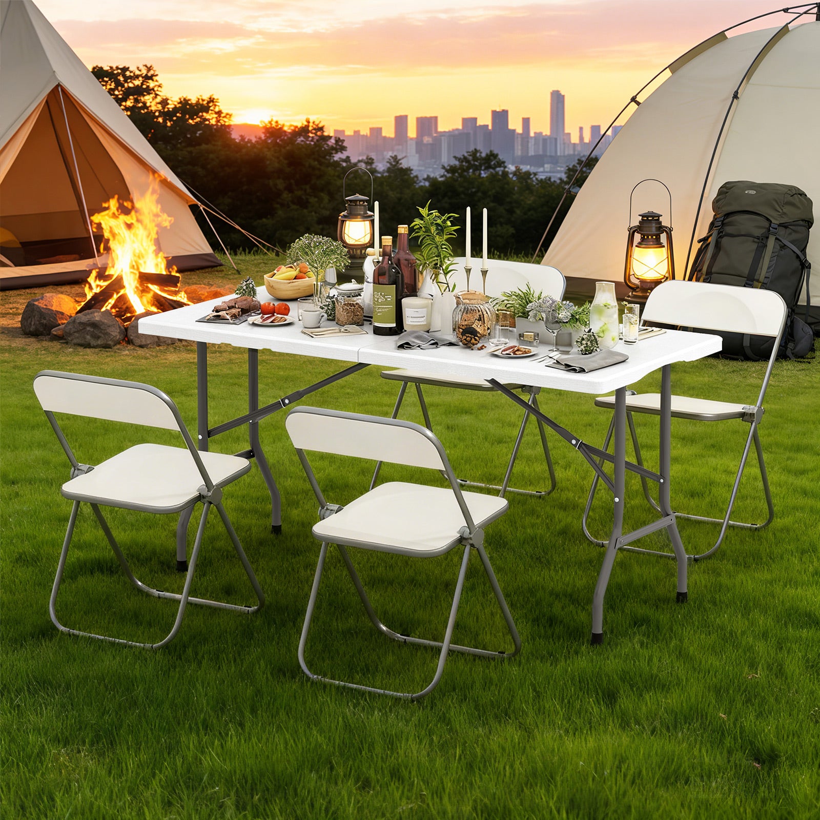 5FT Folding Picnic Table with Wood Grain HDPE Tabletop and Non-slip Foot Pads-WH, White Picnic Tables at Gallery Canada