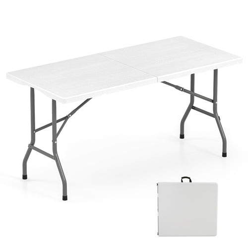 5FT Folding Picnic Table with Wood Grain HDPE Tabletop and  Non-slip Foot Pads-WH, White