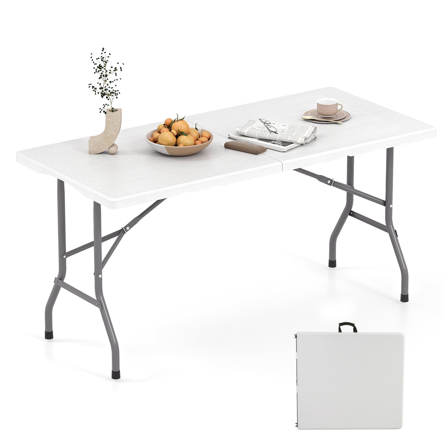 5FT Folding Picnic Table with Wood Grain HDPE Tabletop and Non-slip Foot Pads-WH, White Picnic Tables at Gallery Canada