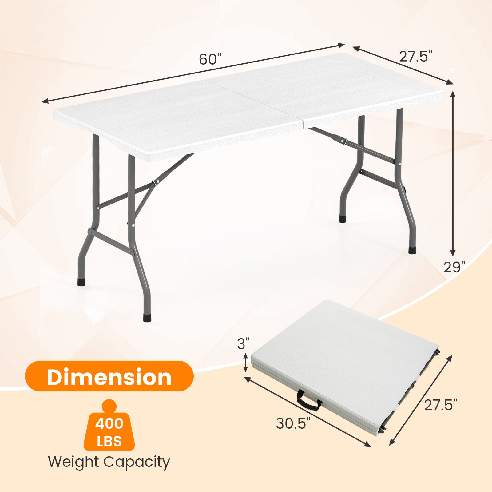 5FT Folding Picnic Table with Wood Grain HDPE Tabletop and Non-slip Foot Pads-WH, White Picnic Tables at Gallery Canada