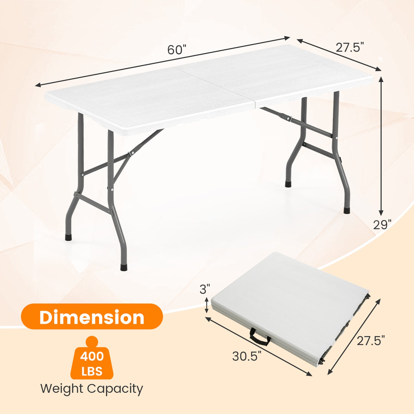 5FT Folding Picnic Table with Wood Grain HDPE Tabletop and Non-slip Foot Pads-WH, White Picnic Tables at Gallery Canada
