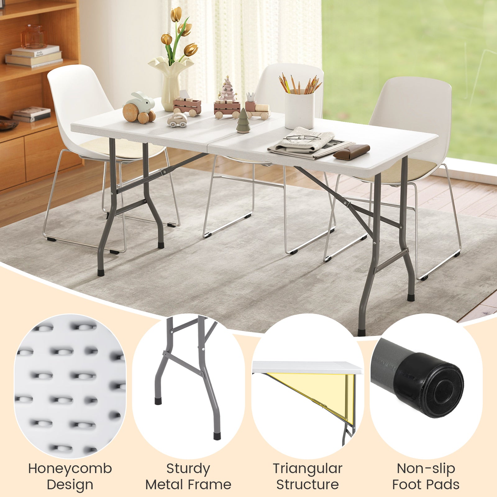 5FT Folding Picnic Table with Wood Grain HDPE Tabletop and Non-slip Foot Pads-WH, White Picnic Tables at Gallery Canada