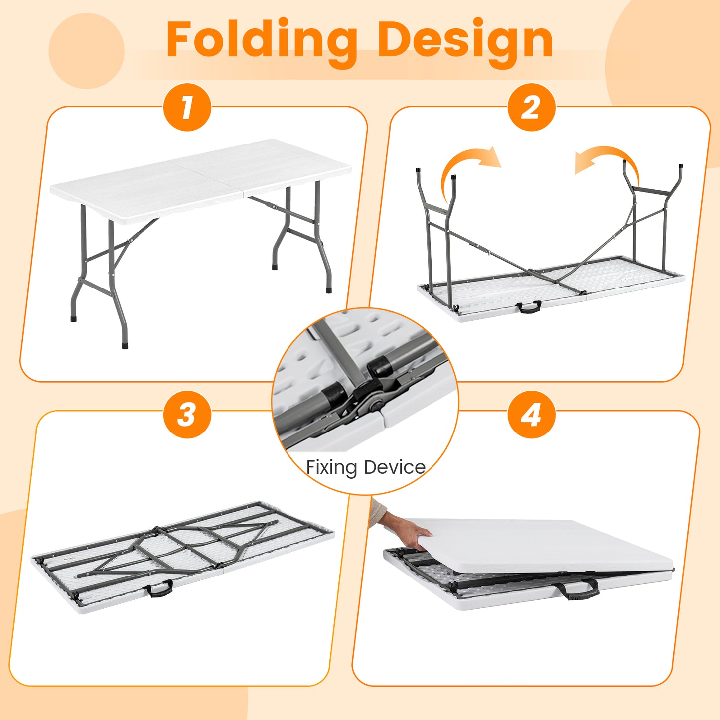 5FT Folding Picnic Table with Wood Grain HDPE Tabletop and Non-slip Foot Pads-WH, White Picnic Tables at Gallery Canada