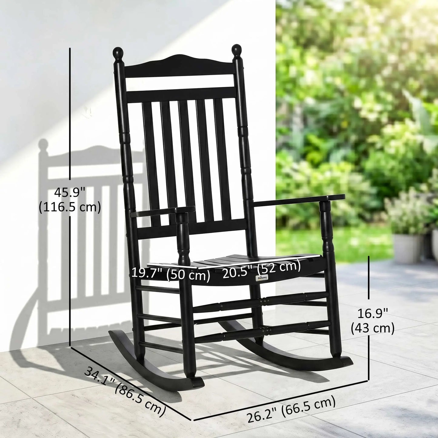 Wooden Outdoor Rocking Chair, Slatted High Back, Armrests, Black Outdoor Rocking Chairs at Gallery Canada