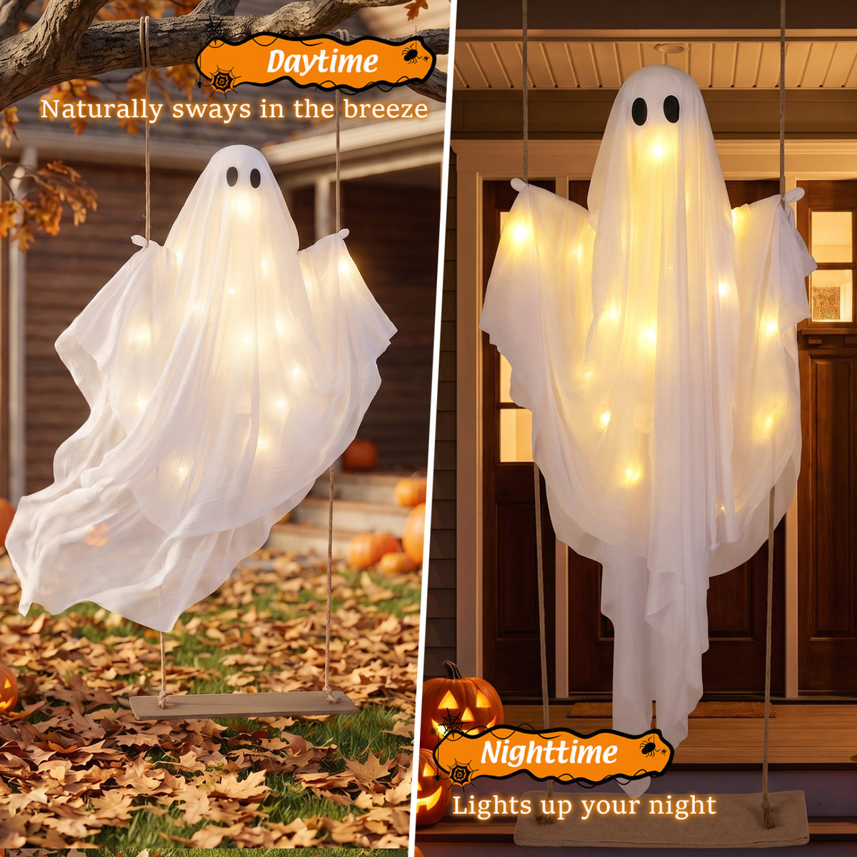 5Ft Halloween Hanging Swing Ghost, LED String Lights